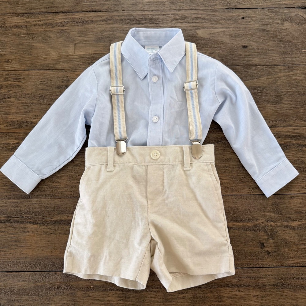 Edgehill Collection Baby Boy Blue Shirt Linen Shorts Suspenders‎ Set 6M Wedding